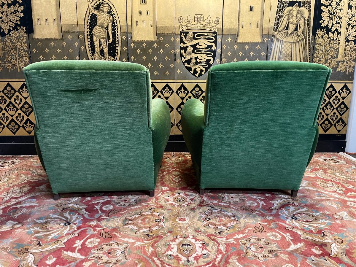 Paire De Fauteuils Clubs En Velours Vert -photo-2