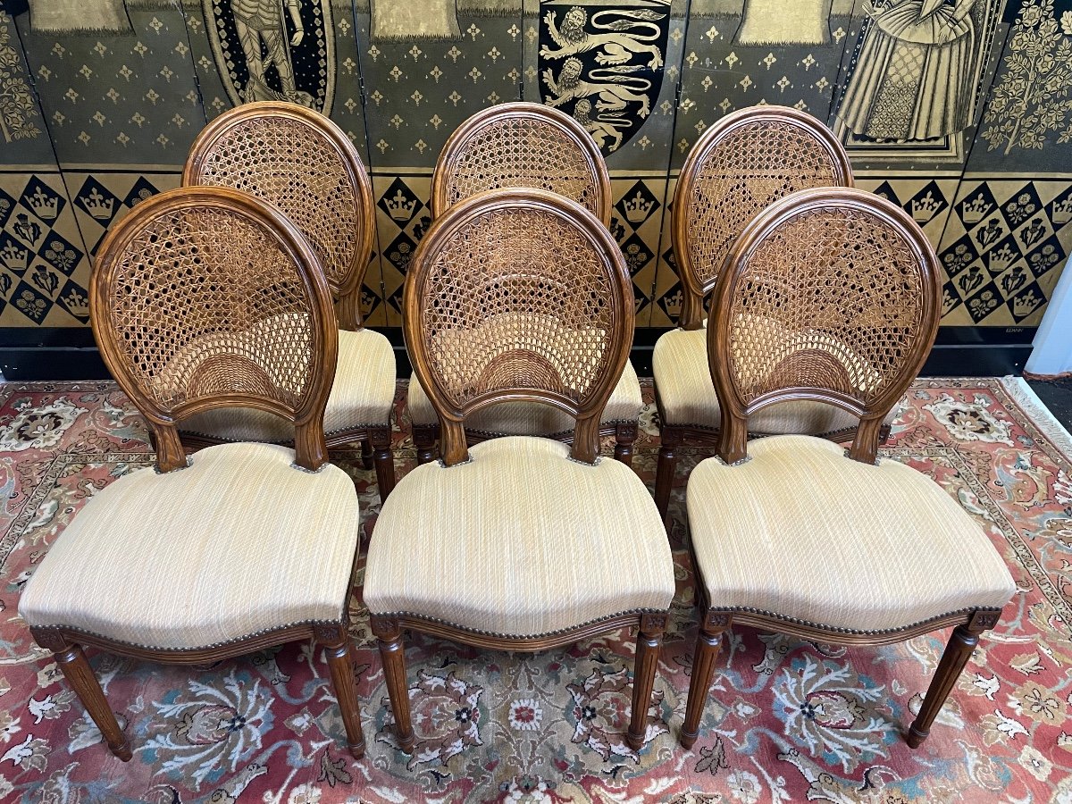 Suite Of 6 Louis XVI Medallion Chairs Cannage Backrest -photo-2