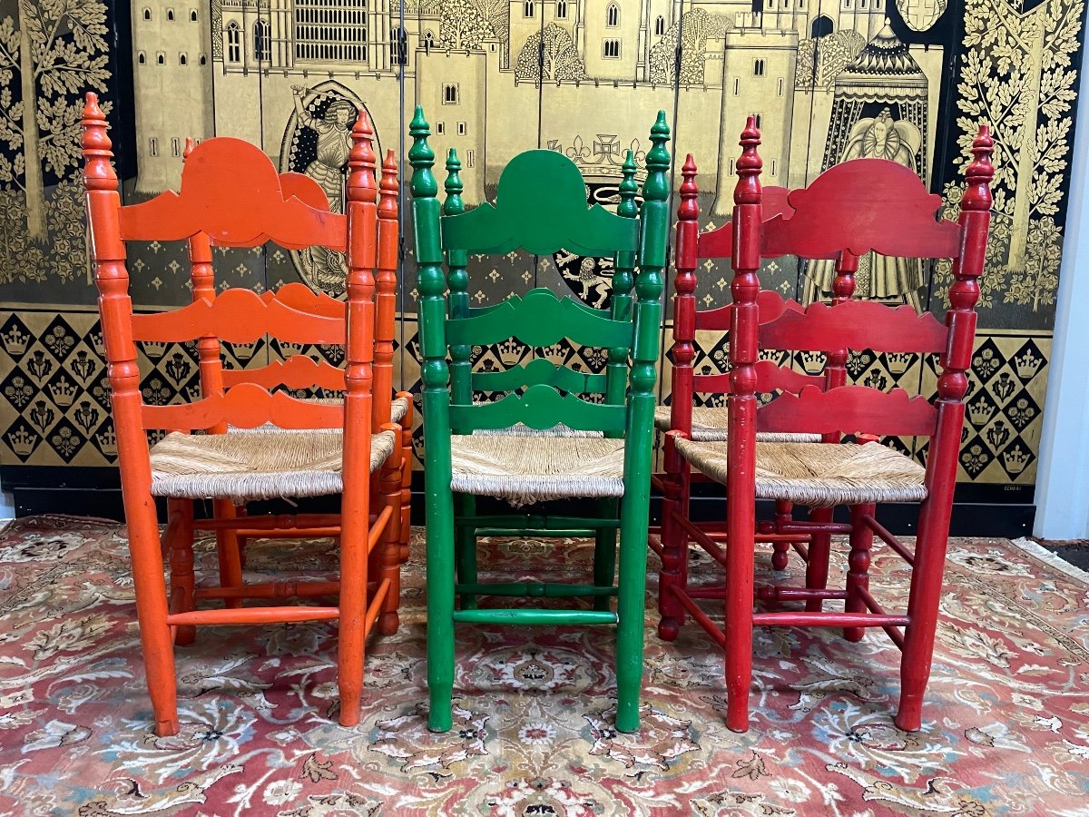 Suite Of 6 Painted Straw Chairs -photo-3