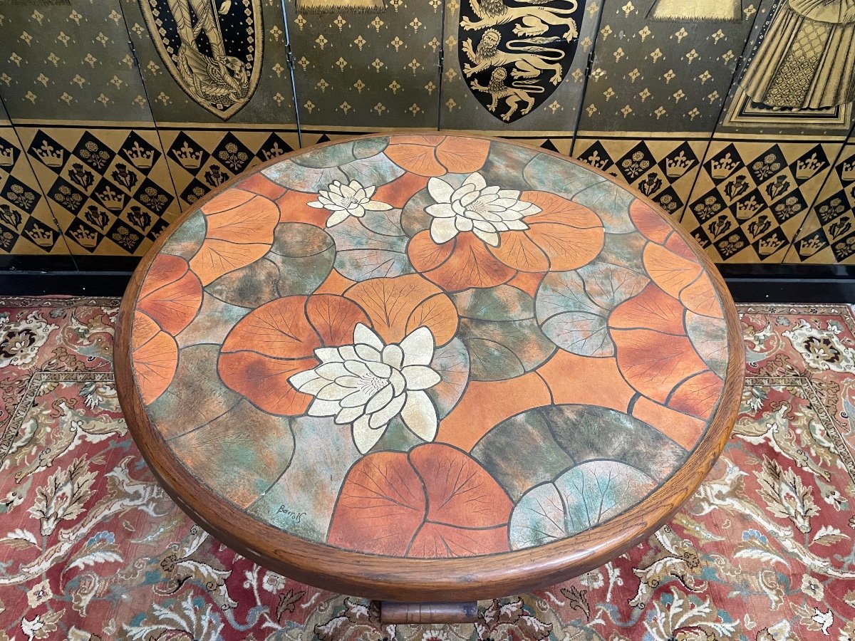 Round Dining Table In Oak And Ceramic 1970 Signed Barrois -photo-2