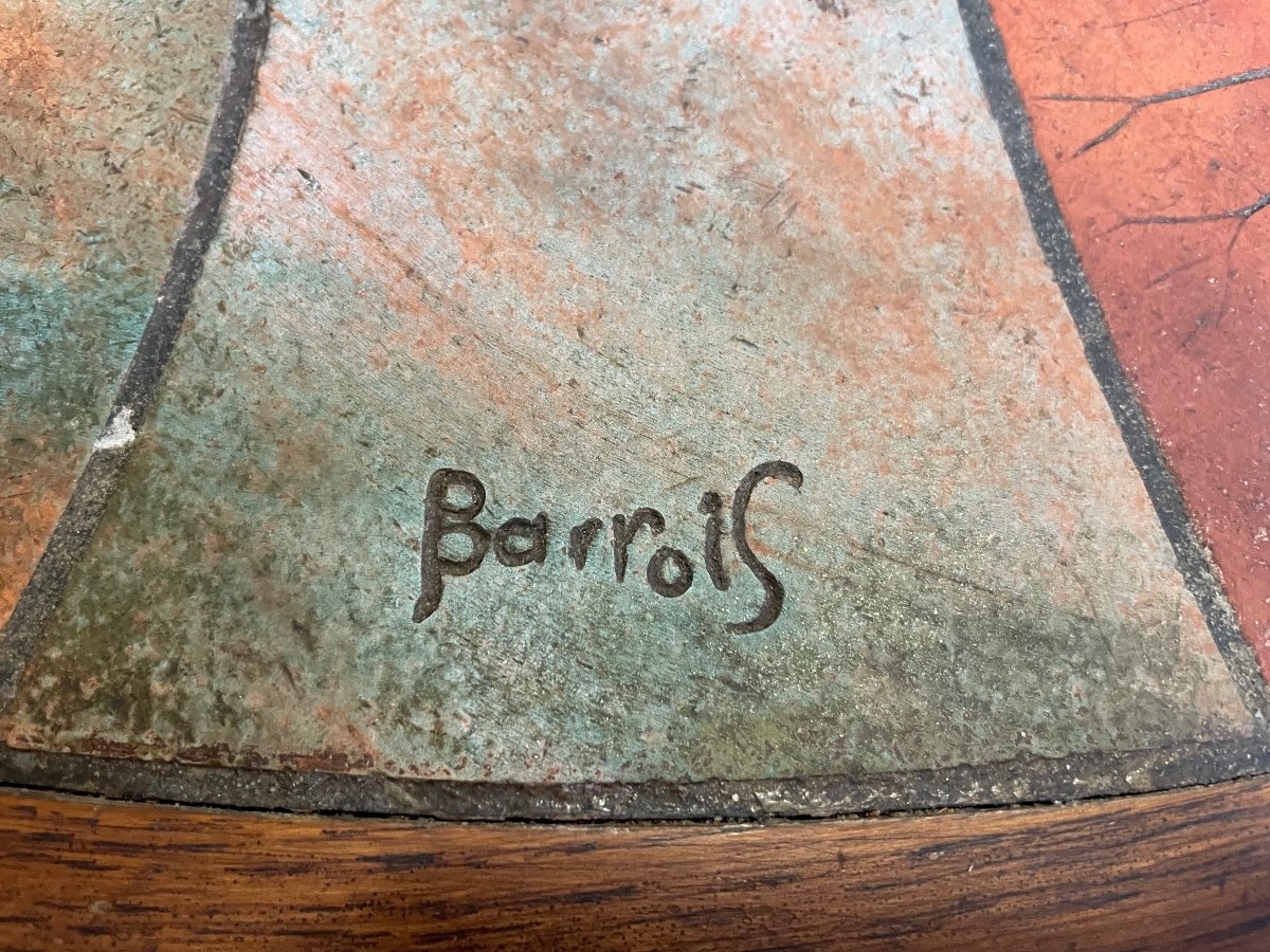 Round Dining Table In Oak And Ceramic 1970 Signed Barrois -photo-3