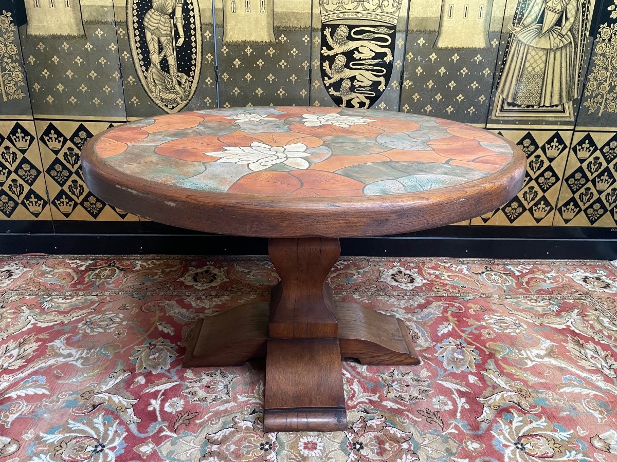 Round Dining Table In Oak And Ceramic 1970 Signed Barrois 