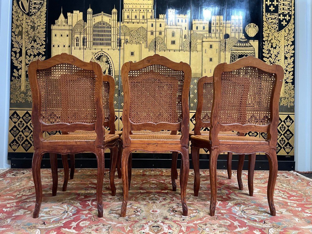 Suite Of 6 Regency / Louis XV Style Cannage And Oak Chairs -photo-3