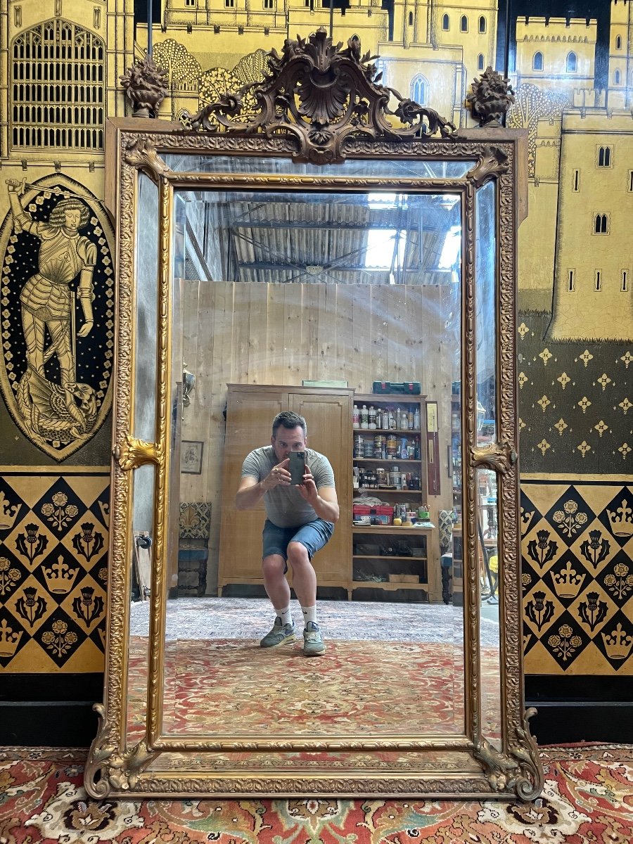 Napoleon III Period Beaded Mirror In Wood And Golden Painted Stucco 