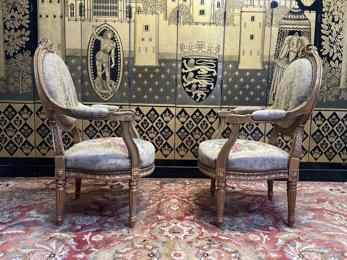 Pair Of Louis XVI Style Medallion Armchairs Golden Wood-photo-5