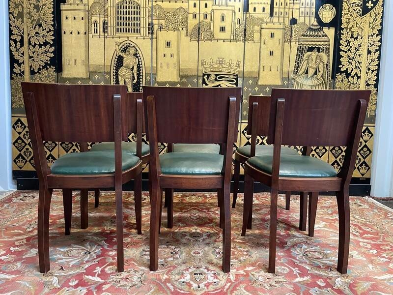 Suite Of 6 Art Deco Chairs - 1950 In Mahogany And Green Skai -photo-2