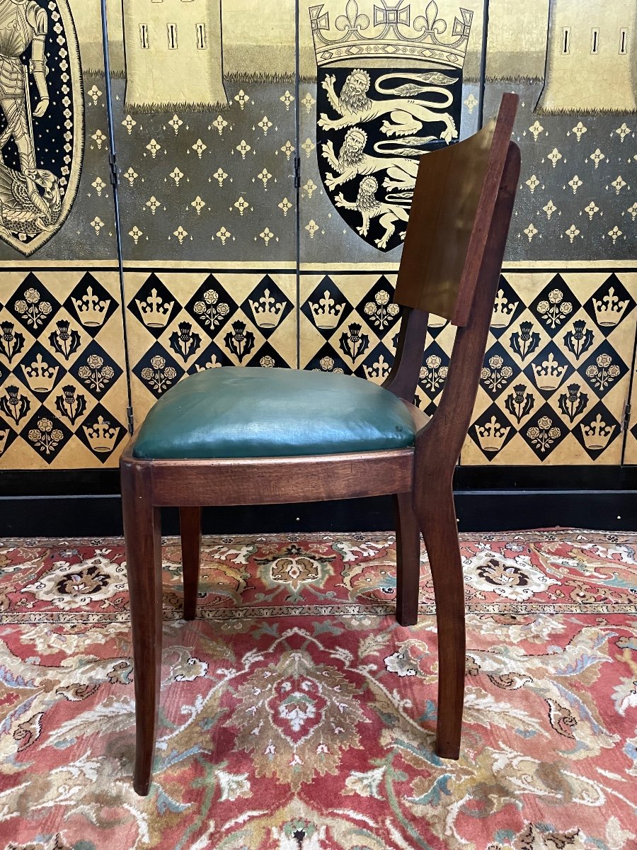 Suite Of 6 Art Deco Chairs - 1950 In Mahogany And Green Skai -photo-3