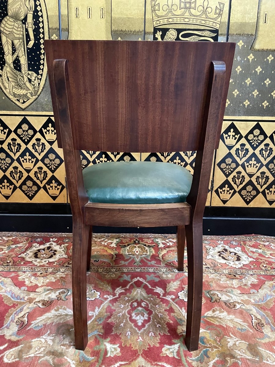 Suite Of 6 Art Deco Chairs - 1950 In Mahogany And Green Skai -photo-4