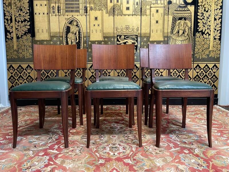 Suite Of 6 Art Deco Chairs - 1950 In Mahogany And Green Skai 