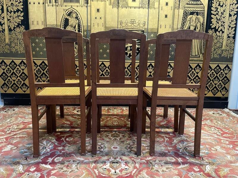 Set Of 6 Art Deco Chairs In Oak And Cane - Caned -photo-4