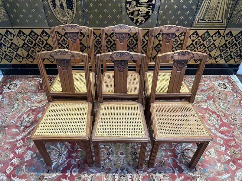 Set Of 6 Art Deco Chairs In Oak And Cane - Caned -photo-1