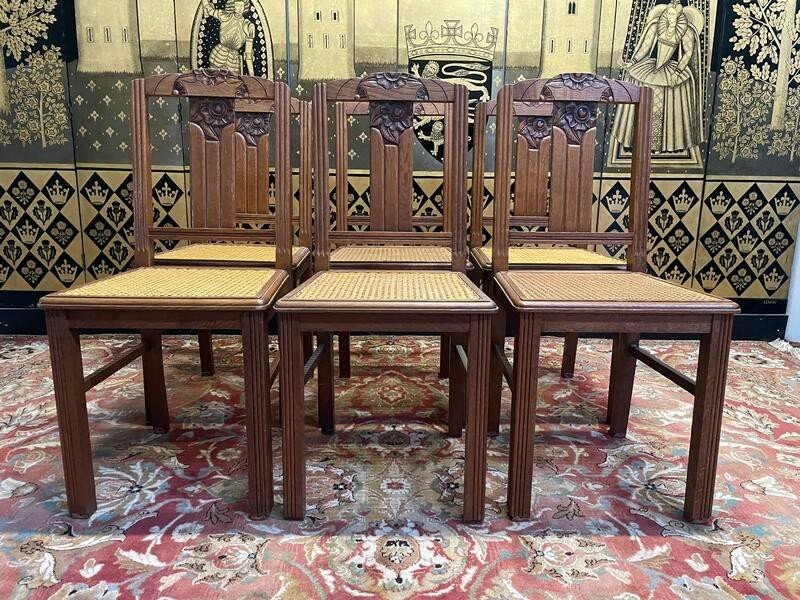 Set Of 6 Art Deco Chairs In Oak And Cane - Caned 