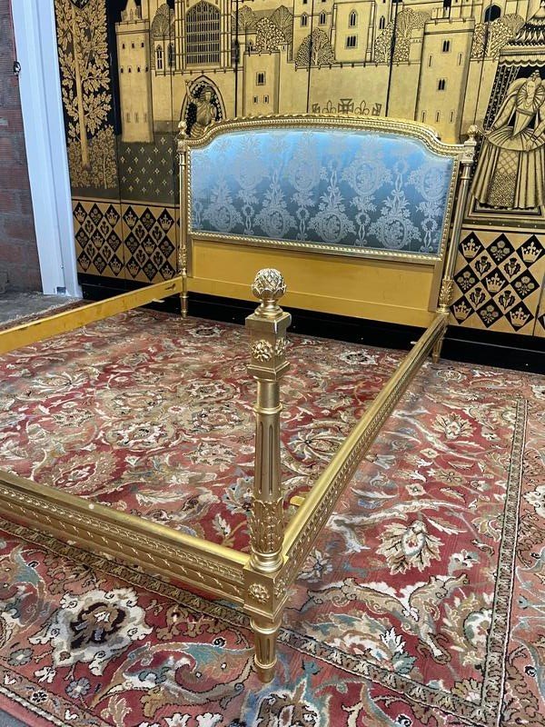 Louis XVI Style Bed In Gilded Wood And Silk -photo-1