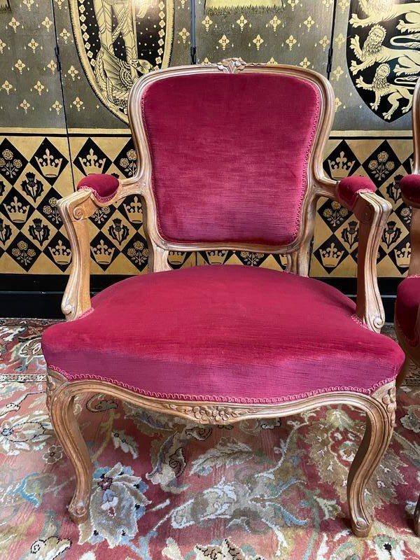 Paire De Fauteuils Cabriolet De Style Louis XV Velours Rouge -photo-2