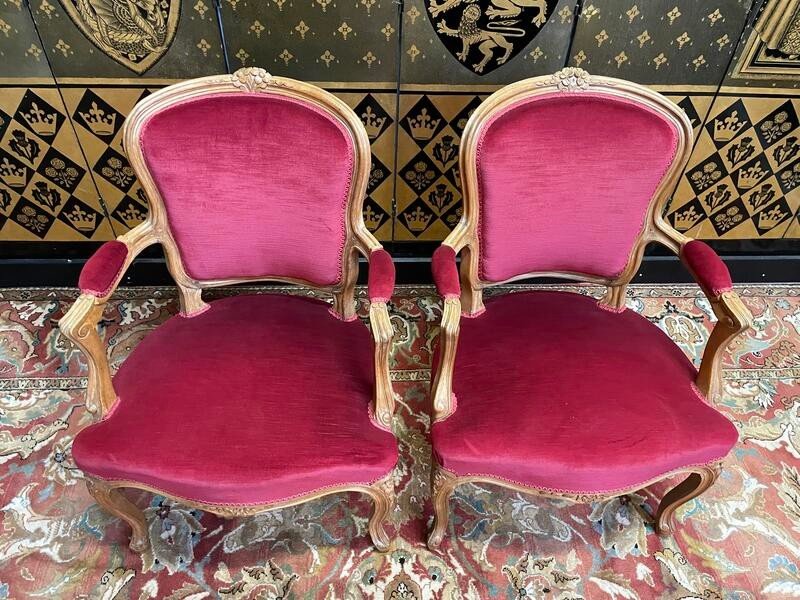 Paire De Fauteuils Cabriolet De Style Louis XV Velours Rouge -photo-3