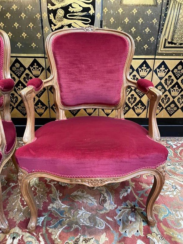 Paire De Fauteuils Cabriolet De Style Louis XV Velours Rouge -photo-4