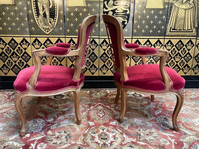 Paire De Fauteuils Cabriolet De Style Louis XV Velours Rouge -photo-2