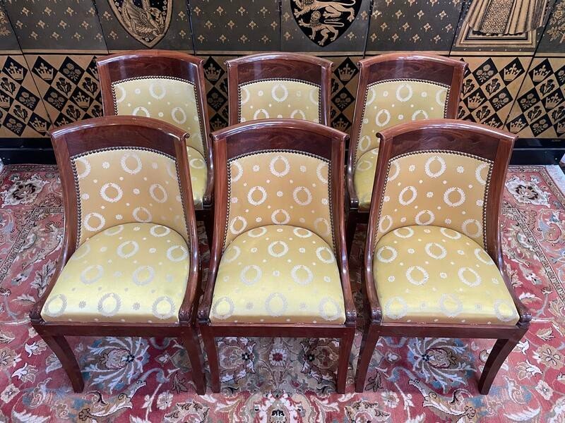 Set Of 6 Empire Gondola Chairs In Mahogany And Yellow Silk-photo-4