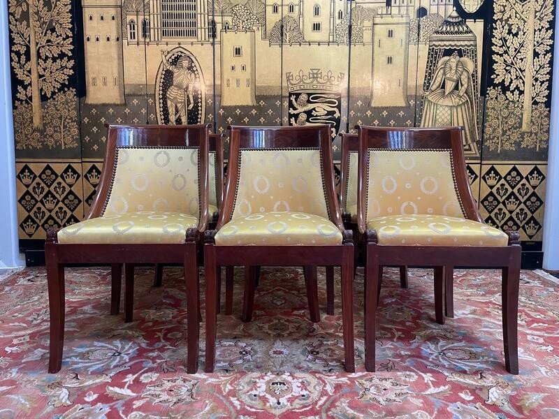 Set Of 6 Empire Gondola Chairs In Mahogany And Yellow Silk