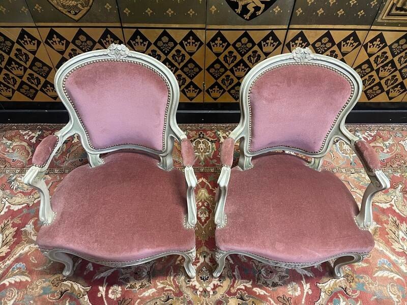 Paire De Fauteuils Cabriolets Style Louis XV Rechampi Velours-photo-2