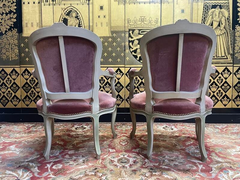 Paire De Fauteuils Cabriolets Style Louis XV Rechampi Velours-photo-3