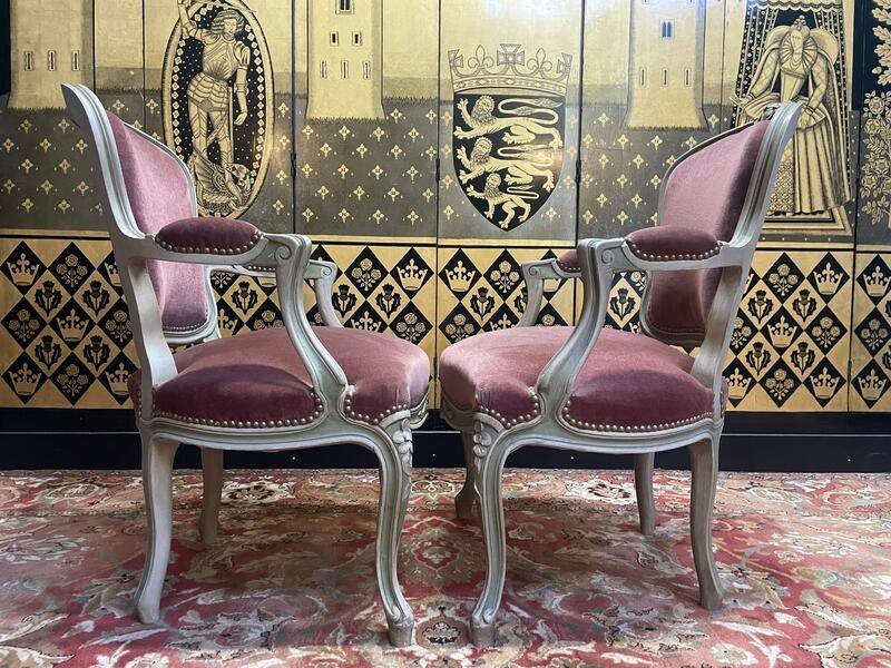 Pair Of Louis XV Style Cabriolet Armchairs Rechampi Velvet-photo-4