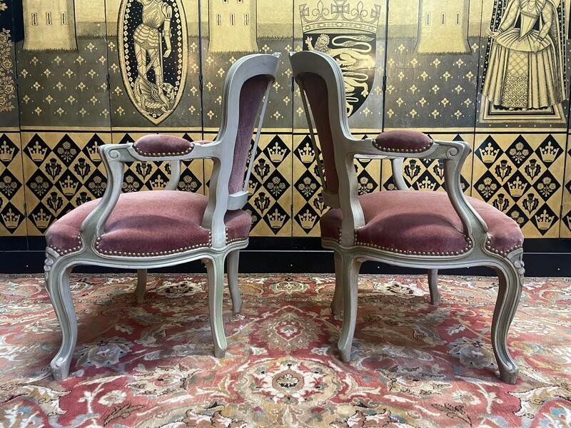 Paire De Fauteuils Cabriolets Style Louis XV Rechampi Velours-photo-1