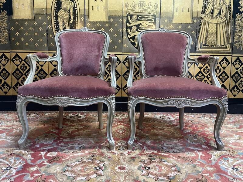 Paire De Fauteuils Cabriolets Style Louis XV Rechampi Velours