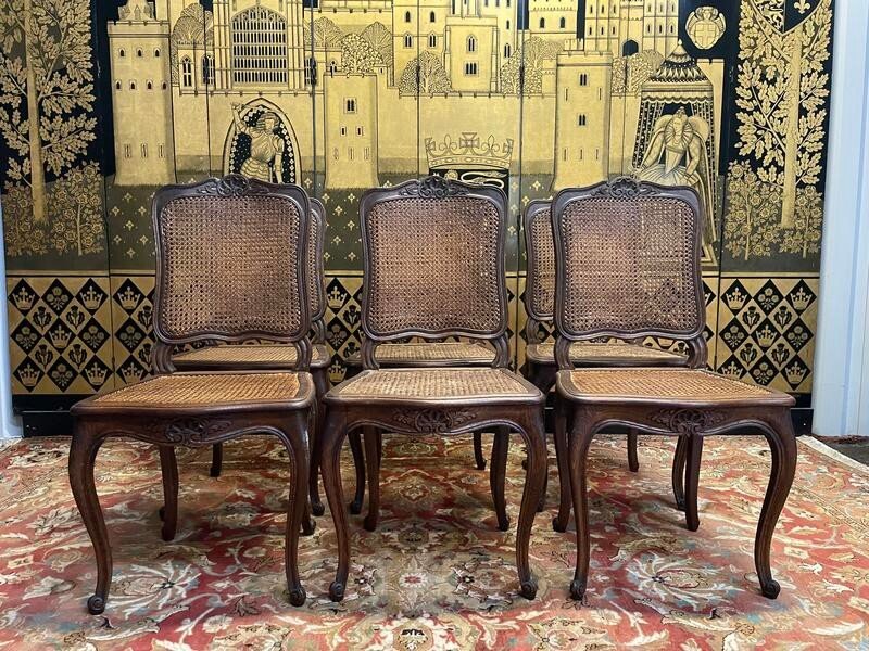 Set Of 6 Louis XV Style Caned Chairs In Oak