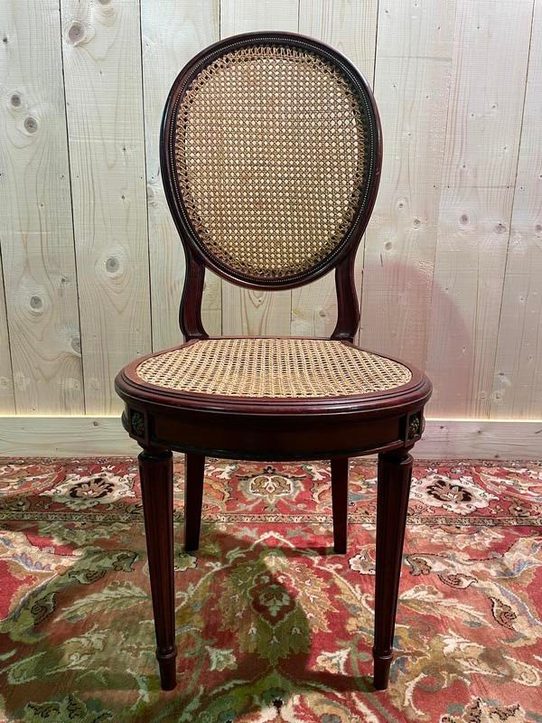 Set Of 6 Louis XVI Style Medallion Chairs In Mahogany And Cane-photo-3