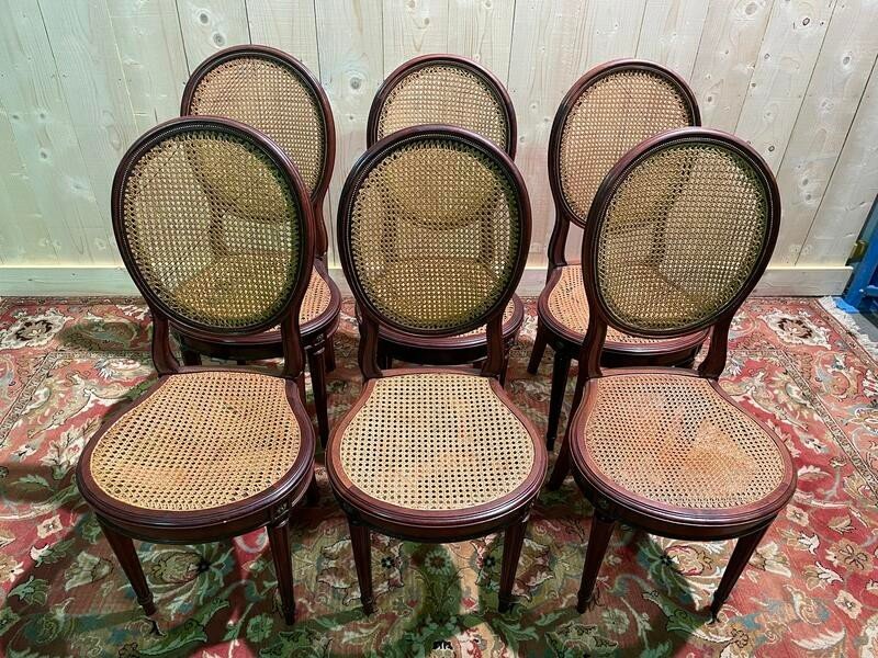 Set Of 6 Louis XVI Style Medallion Chairs In Mahogany And Cane-photo-2