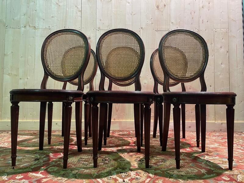 Set Of 6 Louis XVI Style Medallion Chairs In Mahogany And Cane