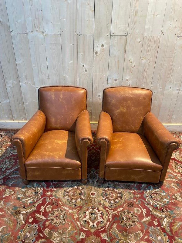 Pair Of Faux Leather Club Armchairs -photo-4