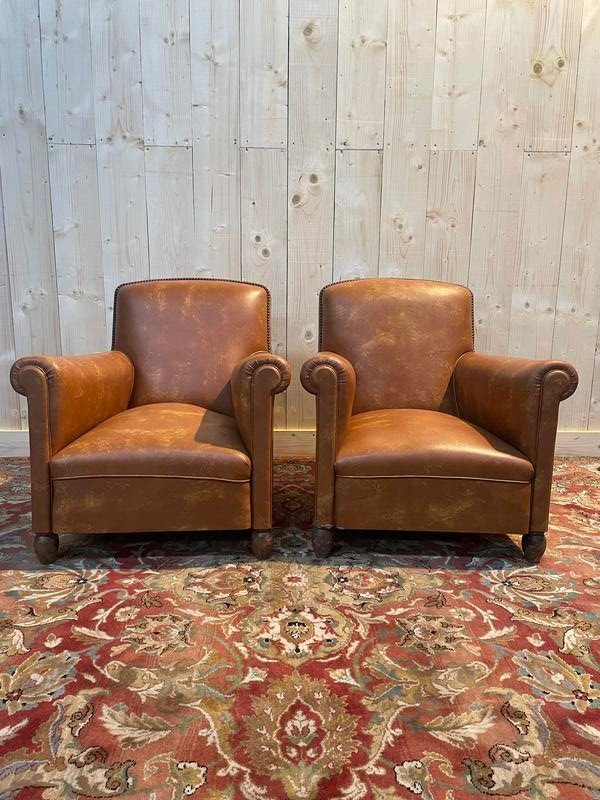 Pair Of Faux Leather Club Armchairs 