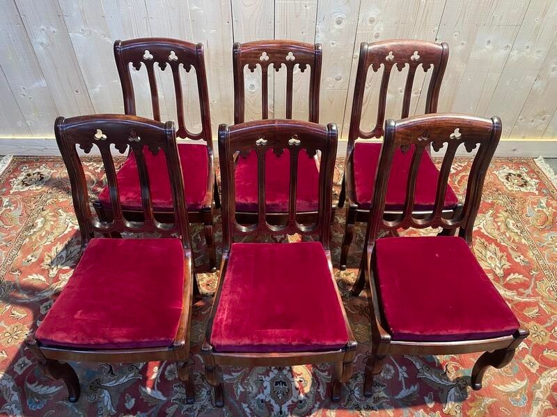 Set Of 6 Restoration Period Mahogany And Netting Chairs-photo-3