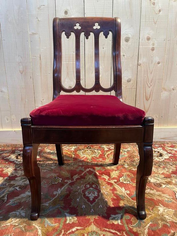 Set Of 6 Restoration Period Mahogany And Netting Chairs-photo-4