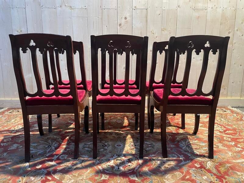 Set Of 6 Restoration Period Mahogany And Netting Chairs-photo-3