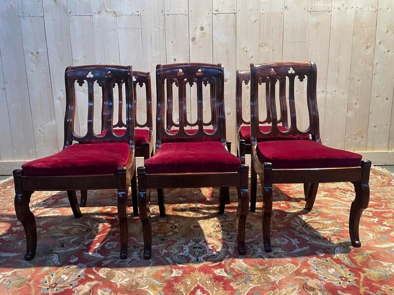 Set Of 6 Restoration Period Mahogany And Netting Chairs