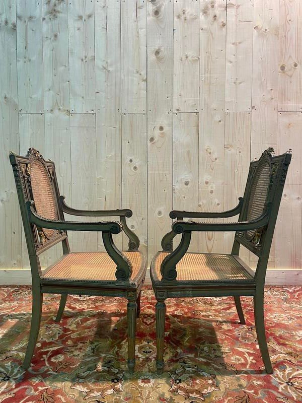 Pair Of Louis XVI Armchairs With Reupholstery And Caning. -photo-2