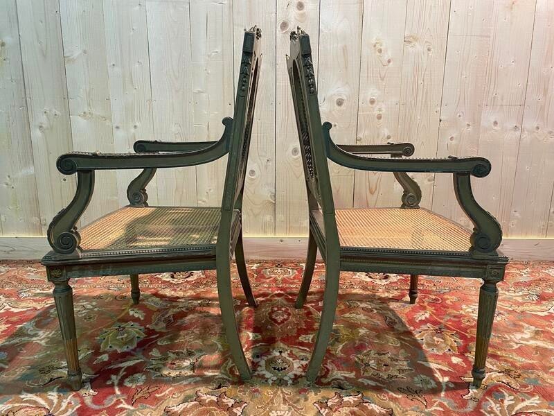 Pair Of Louis XVI Armchairs With Reupholstery And Caning. -photo-4