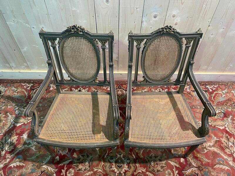 Pair Of Louis XVI Armchairs With Reupholstery And Caning. -photo-1