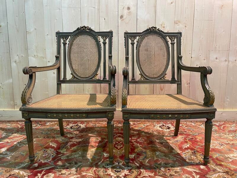 Pair Of Louis XVI Armchairs With Reupholstery And Caning. 