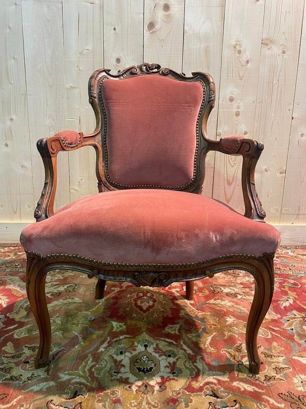 Fauteuil Cabriolet De Style Louis XV  Velours Rose 