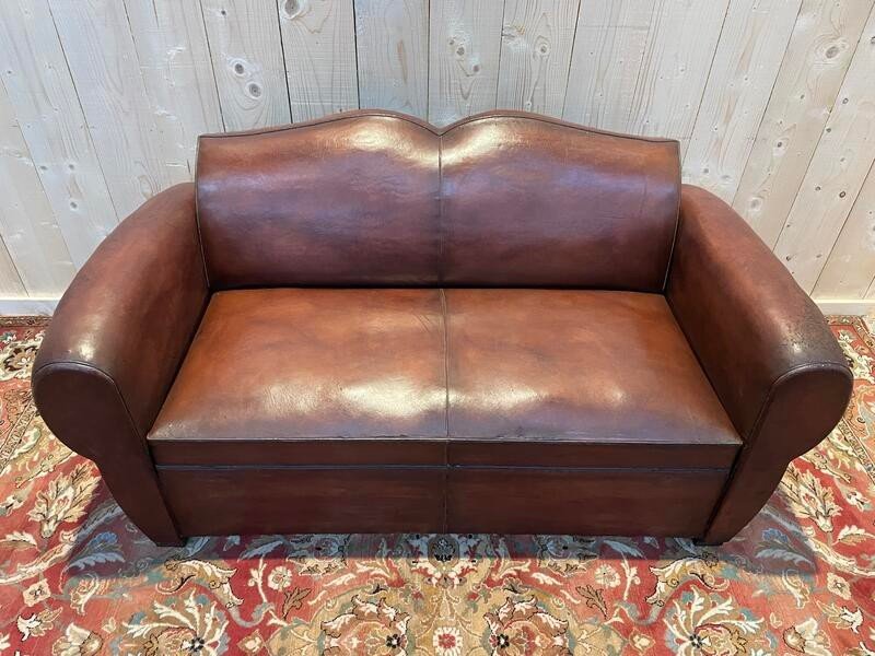 Art Deco Leather Club Sofa Bed  -photo-3