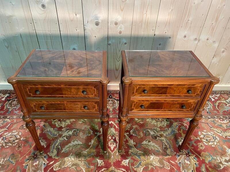 Pair Of Louis XVI Style Bedside Tables With Glass Top -photo-4