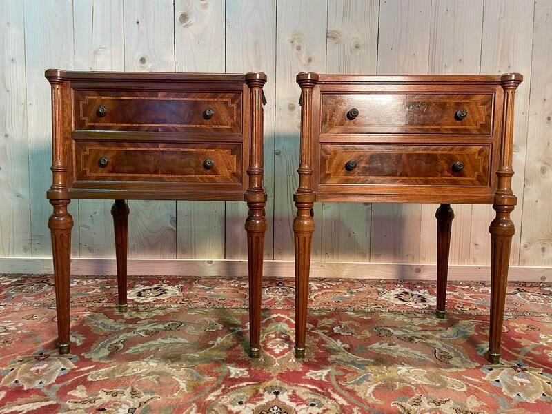 Pair Of Louis XVI Style Bedside Tables With Glass Top 