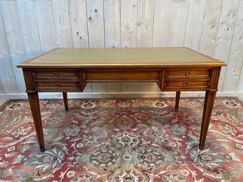 Louis XVI Style Desk In Cherry Wood And Green Leather