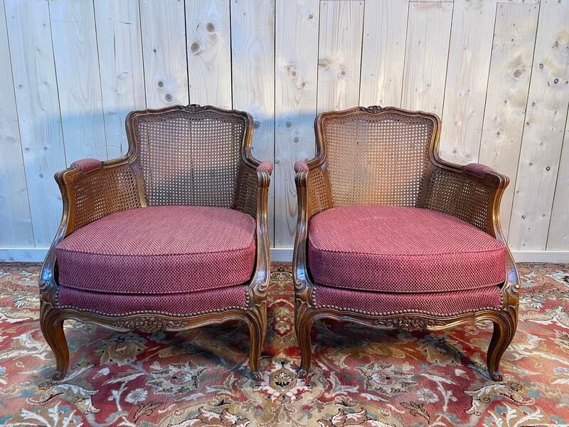 Pair Of Louis XV Style Cane Armchairs - Bergeres 