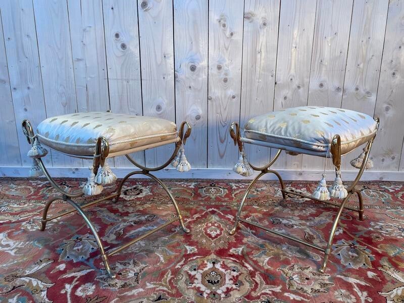 Pair Of Brass Swan Neck Curule Stools-photo-1