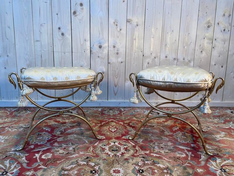 Pair Of Brass Swan Neck Curule Stools